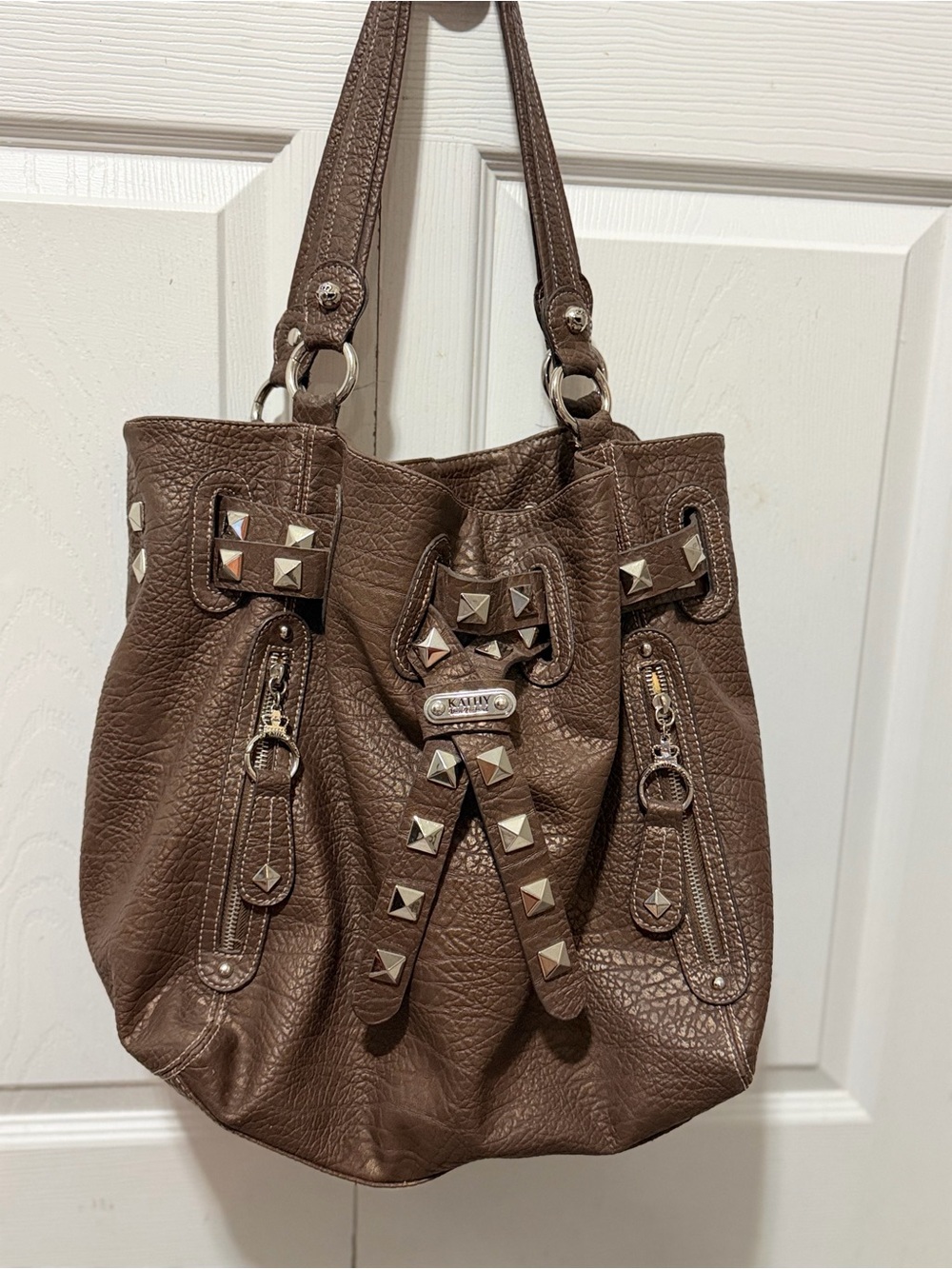 Kathy Van Zeeland Brown Studded Shoulder Bag